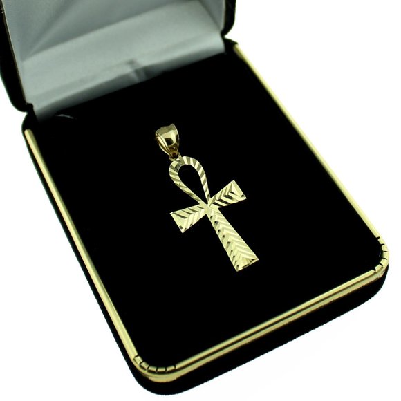 Real 10K Yellow Gold Diamond Cut Egyptian Ankh Cross Pendant - Picture 4 of 6